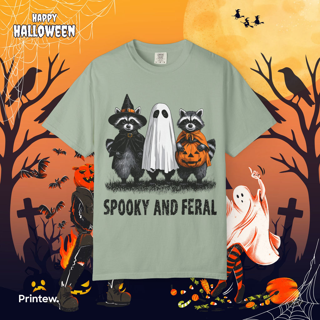 Spooky and Feral Halloween T-Shirt — Raccoon Ghost Pumpkin Costume Tee
