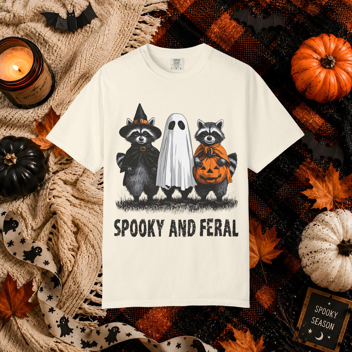 Spooky and Feral Halloween T-Shirt — Raccoon Ghost Pumpkin Costume Tee