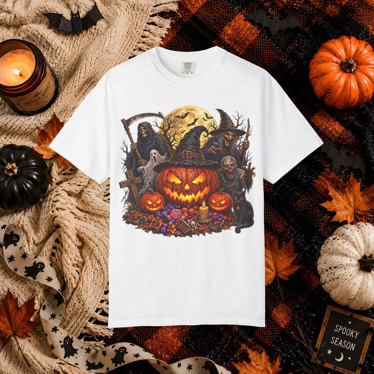 Halloween Pumpkin Horror T-Shirt – Spooky Jack-o'-Lantern & Grim Reaper Design