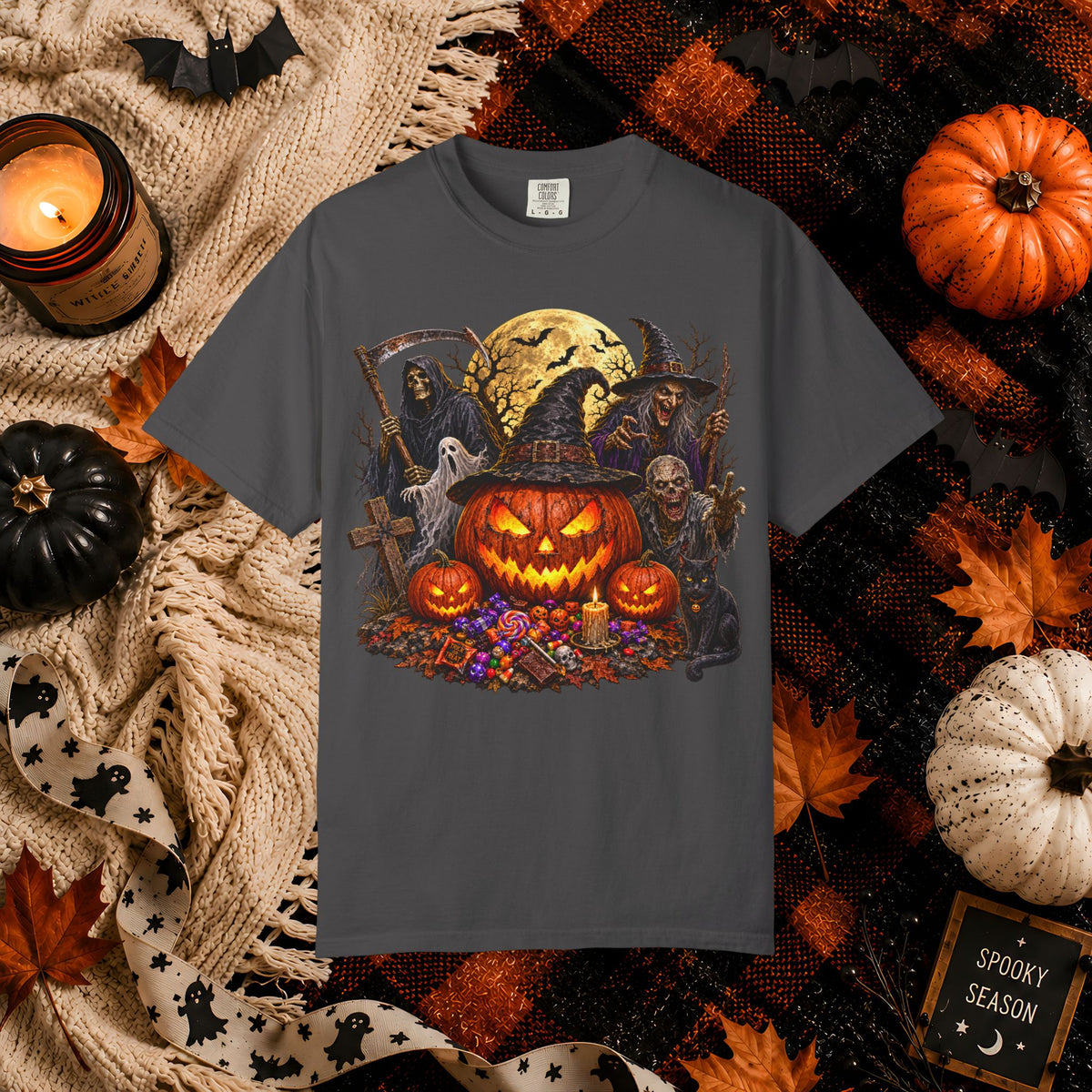 Halloween Pumpkin Horror T-Shirt – Spooky Jack-o'-Lantern & Grim Reaper Design