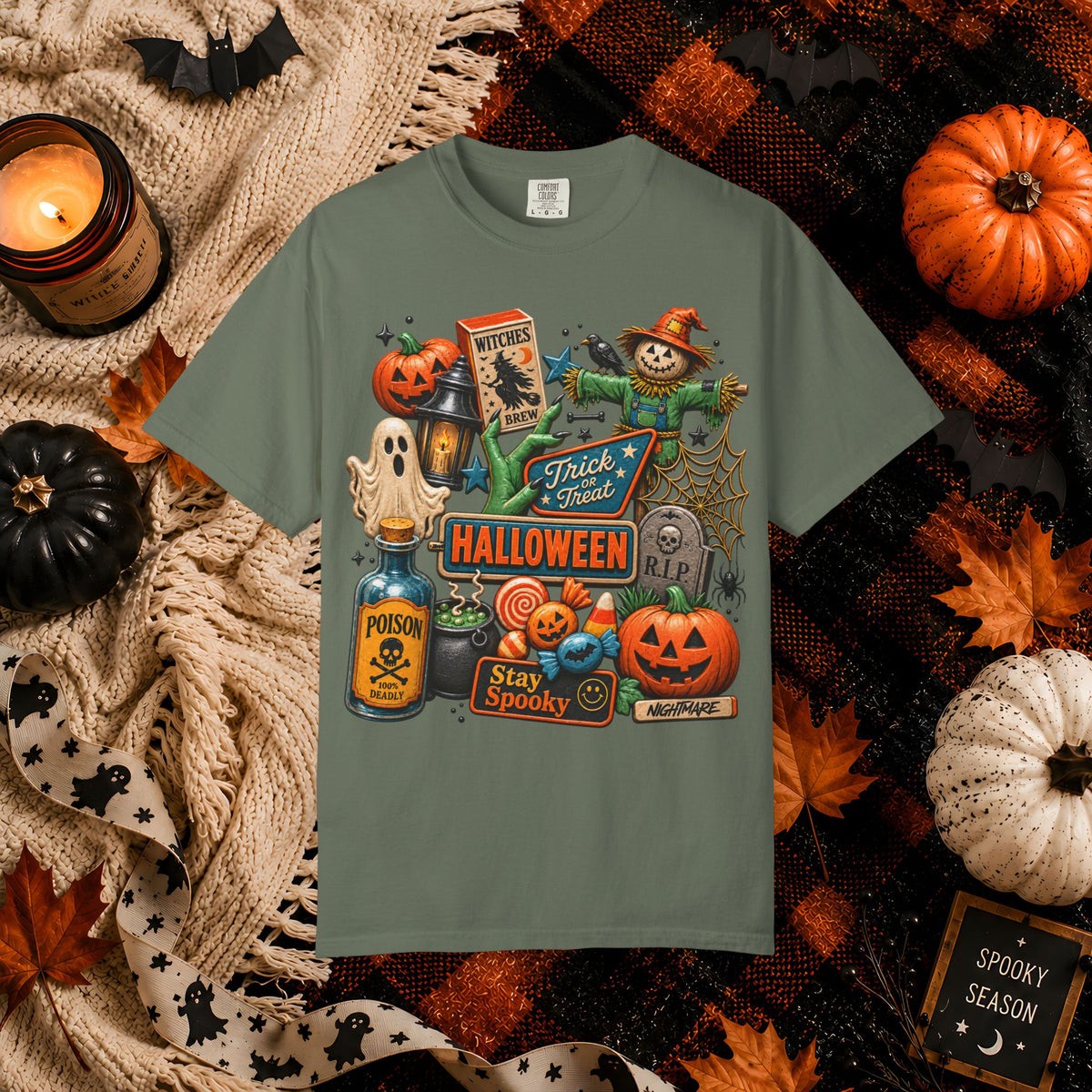 Halloween Collage T-Shirt — Trick or Treat Pumpkins, Scarecrow & Spooky Signs