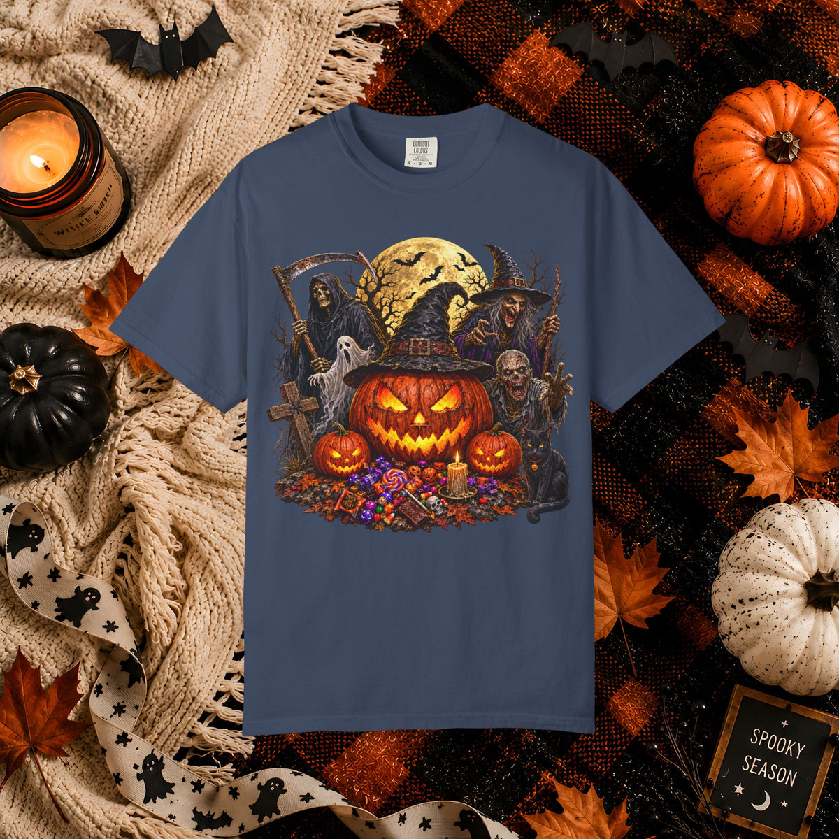 Halloween Pumpkin Horror T-Shirt – Spooky Jack-o'-Lantern & Grim Reaper Design