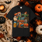 Halloween Collage T-Shirt — Trick or Treat Pumpkins, Scarecrow & Spooky Signs