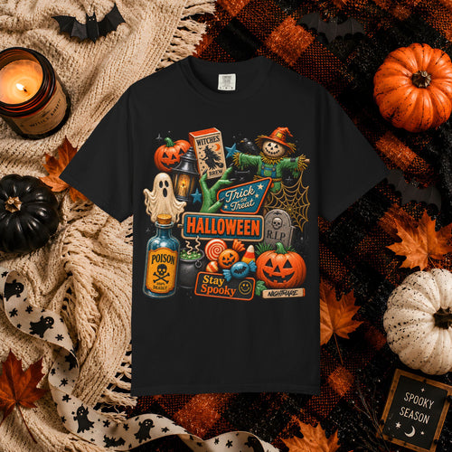 Halloween Collage T-Shirt — Trick or Treat Pumpkins, Scarecrow & Spooky Signs