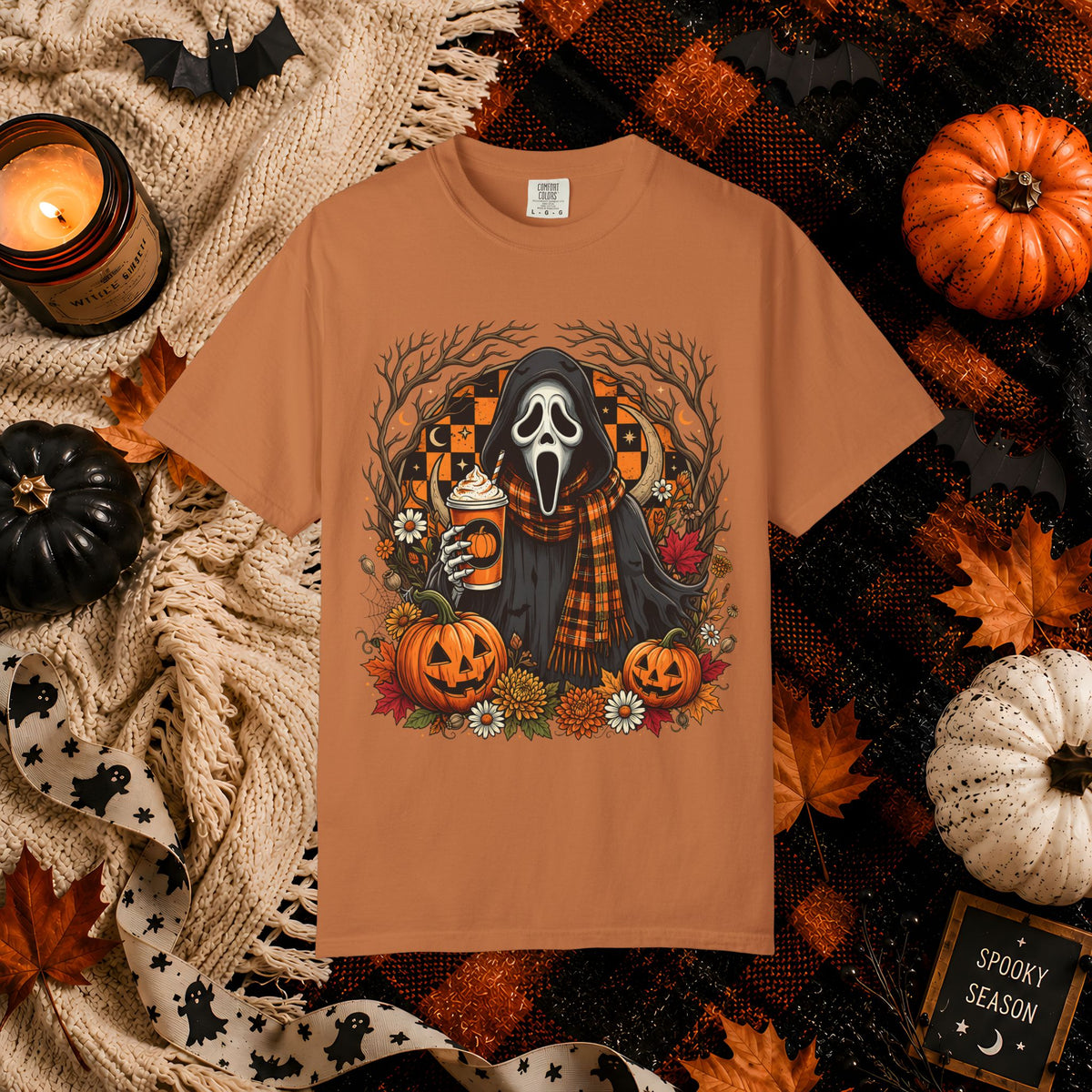 Halloween Scream Mask T-Shirt — Pumpkin, Plaid Scarf & Spooky Coffee Graphic