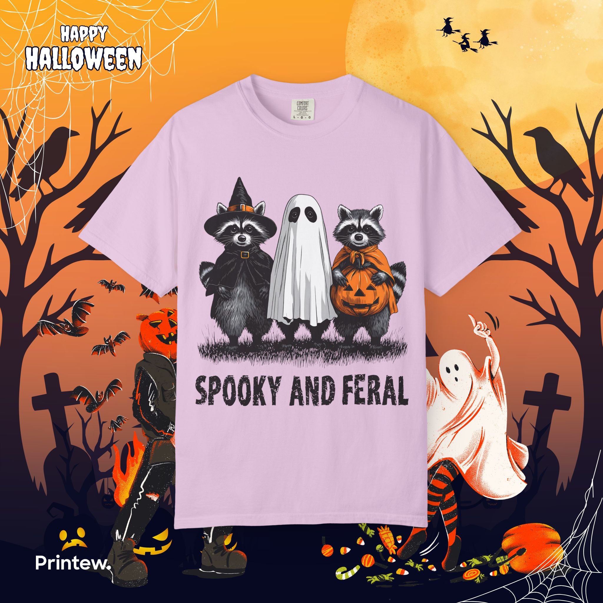 Spooky and Feral Halloween T-Shirt — Raccoon Ghost Pumpkin Costume Tee