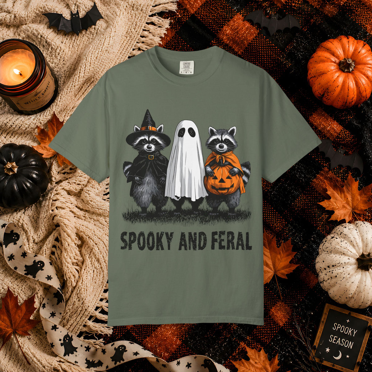 Spooky and Feral Halloween T-Shirt — Raccoon Ghost Pumpkin Costume Tee