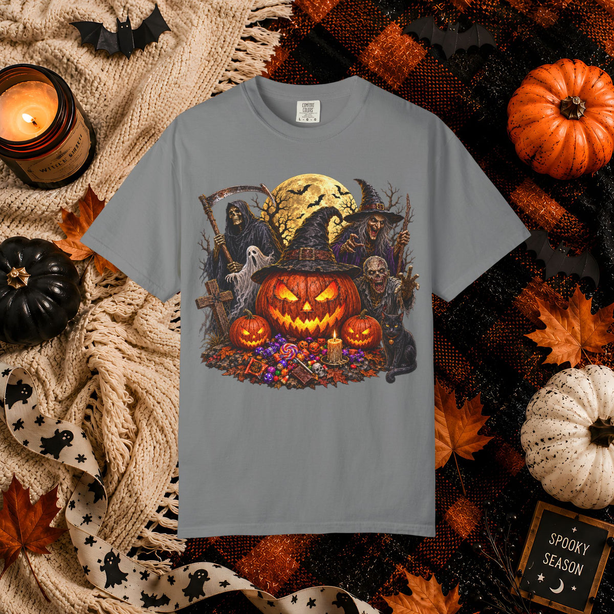 Halloween Pumpkin Horror T-Shirt – Spooky Jack-o'-Lantern & Grim Reaper Design