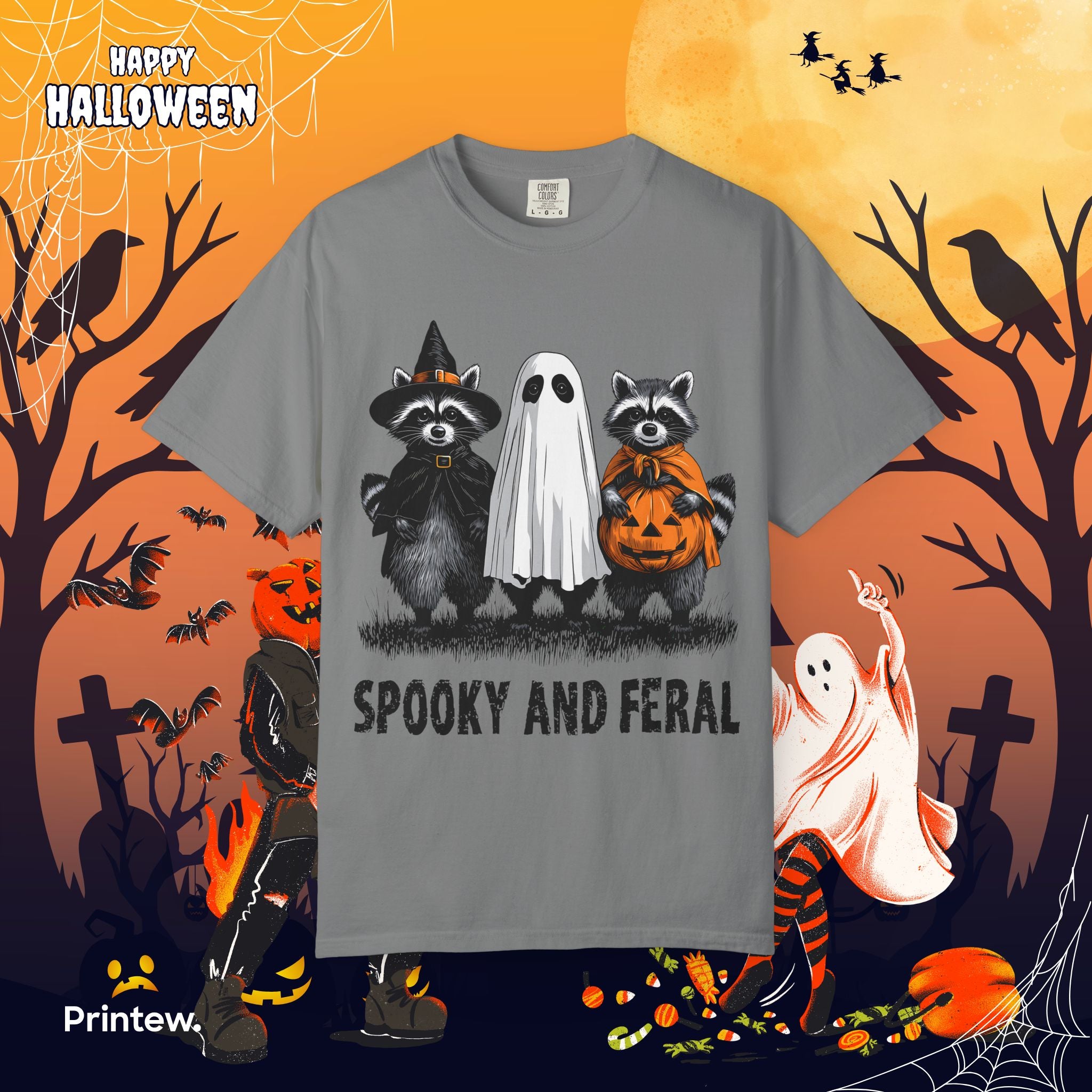 Spooky and Feral Halloween T-Shirt — Raccoon Ghost Pumpkin Costume Tee