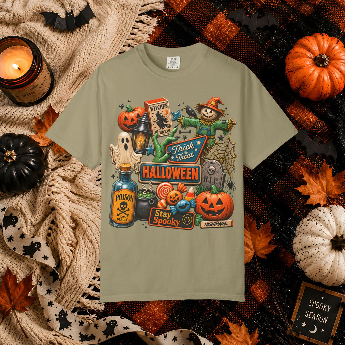 Halloween Collage T-Shirt — Trick or Treat Pumpkins, Scarecrow & Spooky Signs