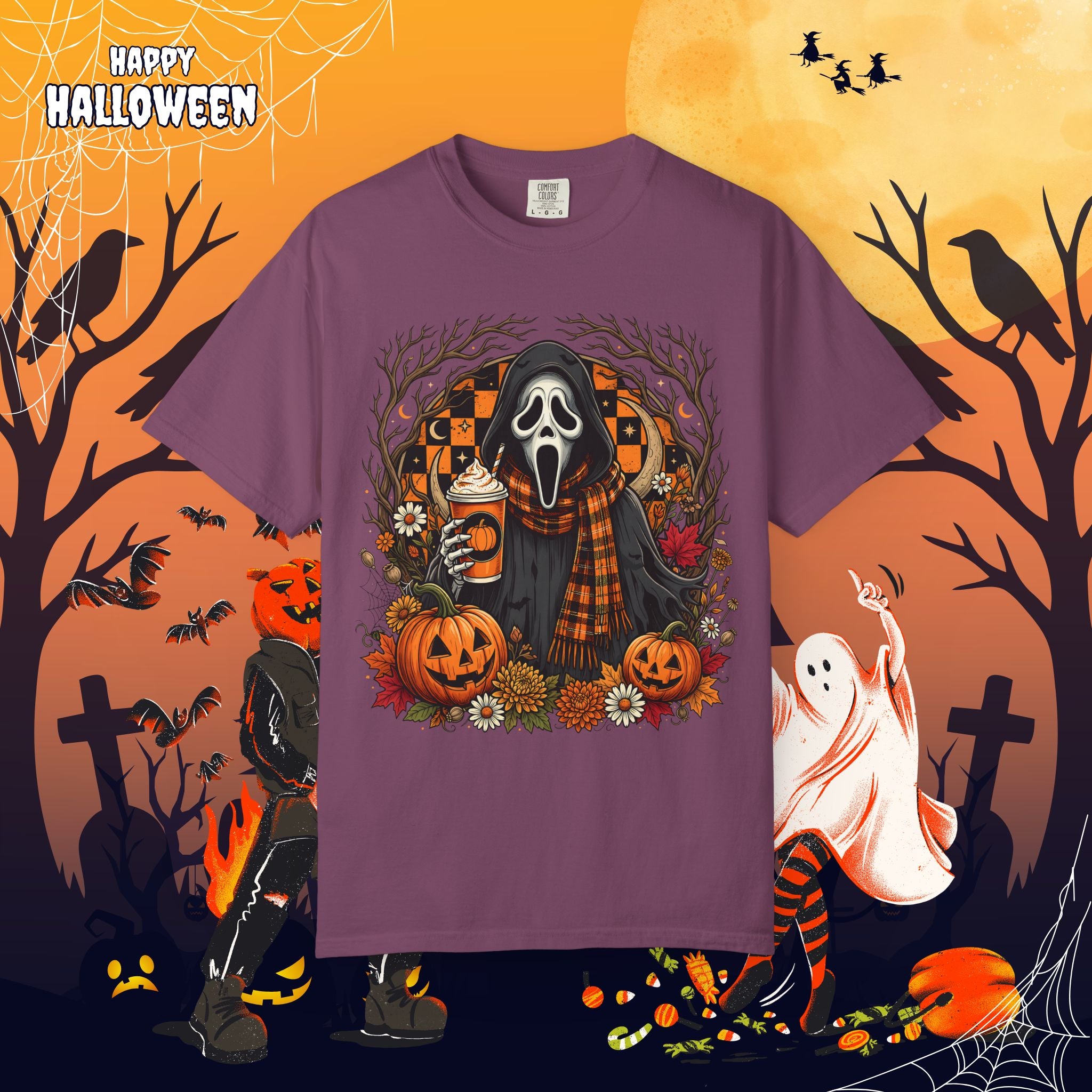 Halloween Ghost Face Pumpkin T-Shirt - Cozy Fall Horror Graphic Tee