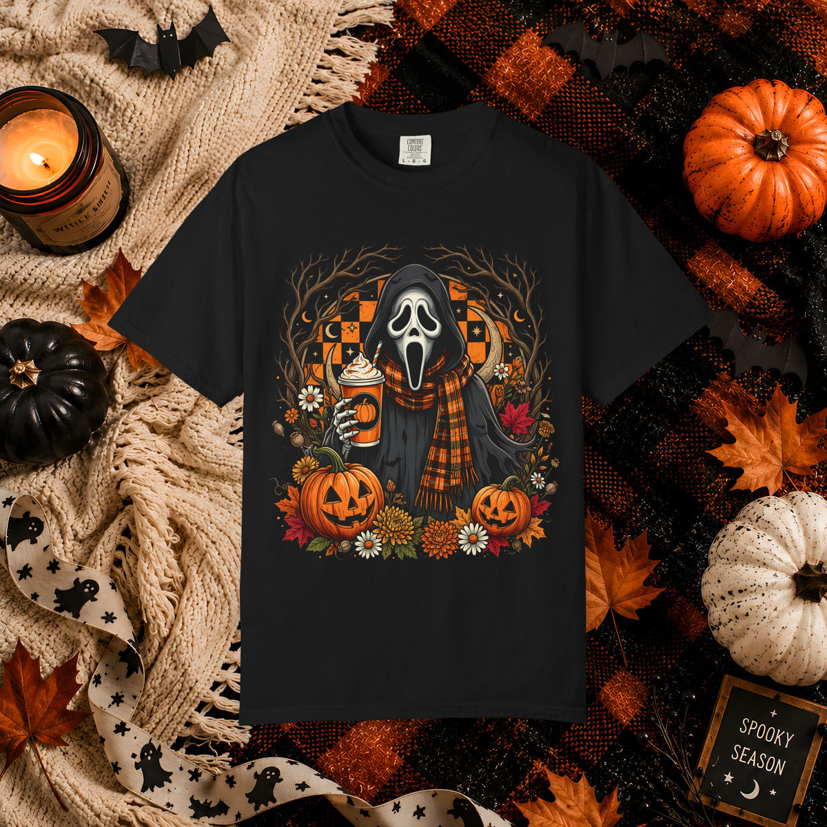 Halloween Scream Mask T-Shirt — Pumpkin, Plaid Scarf & Spooky Coffee Graphic