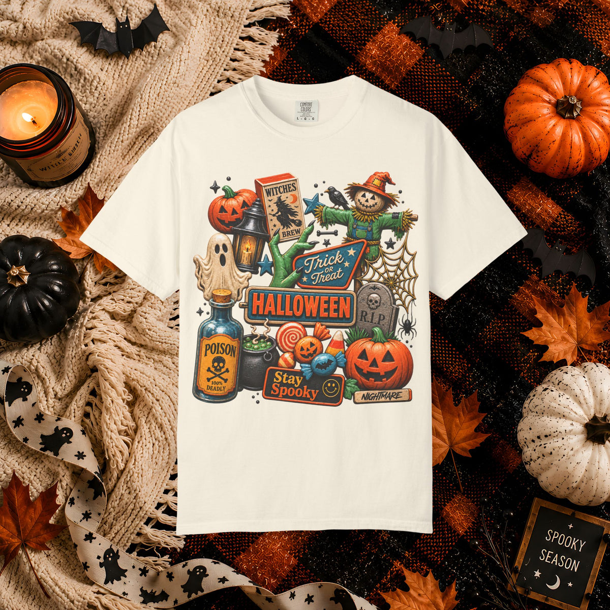 Halloween Collage T-Shirt — Trick or Treat Pumpkins, Scarecrow & Spooky Signs