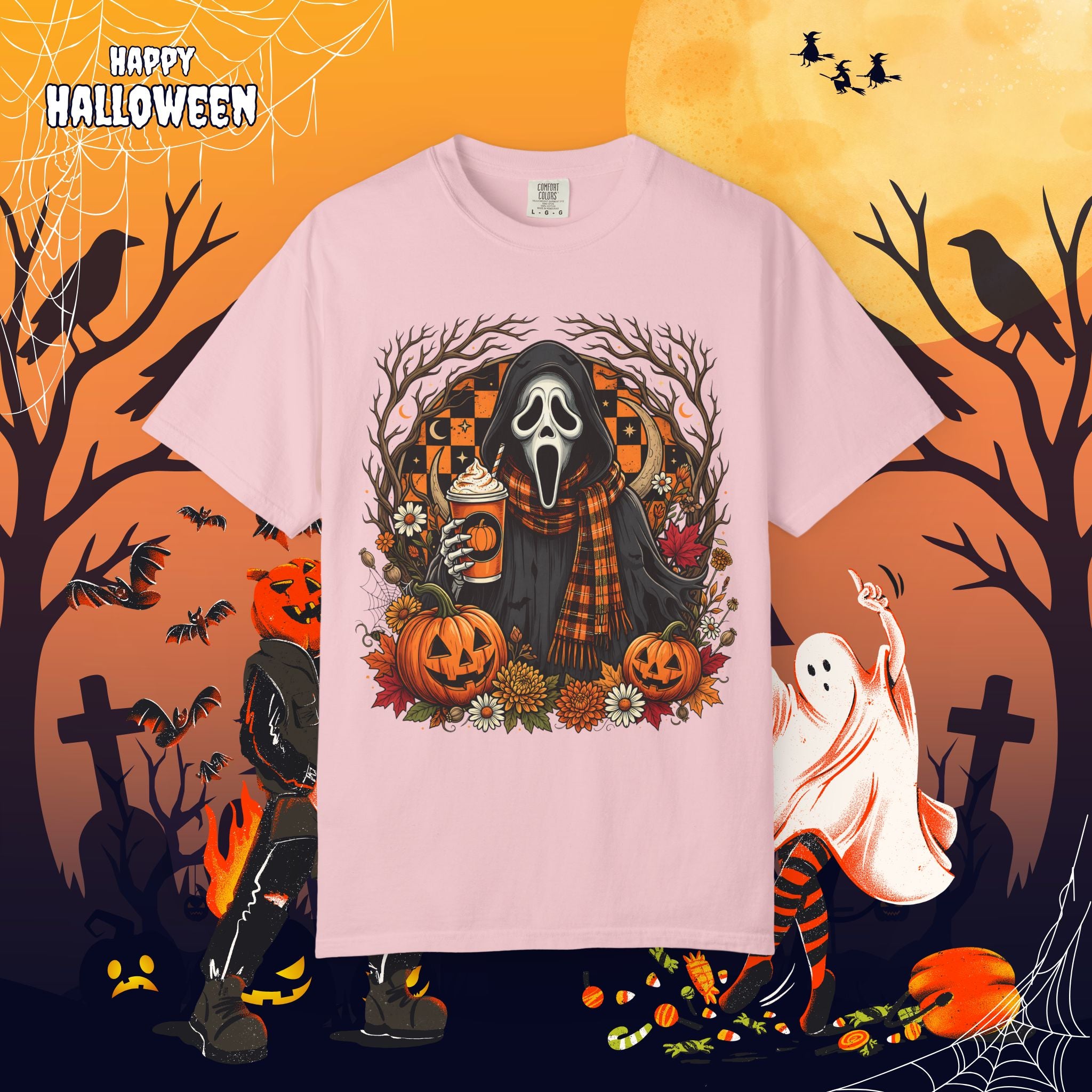 Halloween Ghost Face Pumpkin T-Shirt - Cozy Fall Horror Graphic Tee