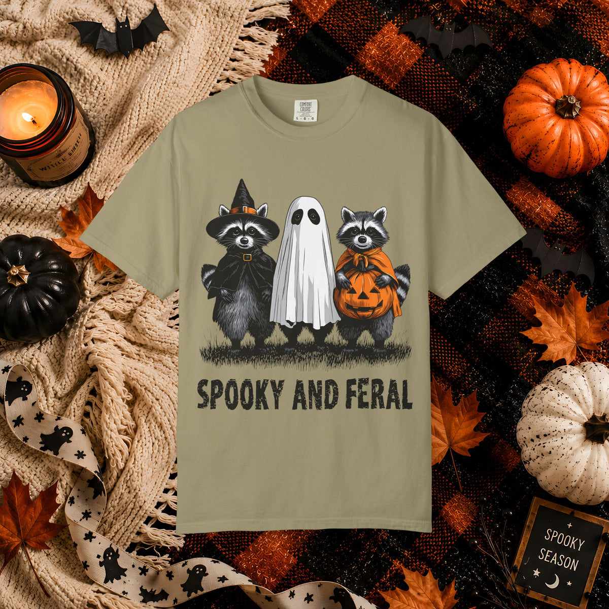 Spooky and Feral Halloween T-Shirt — Raccoon Ghost Pumpkin Costume Tee