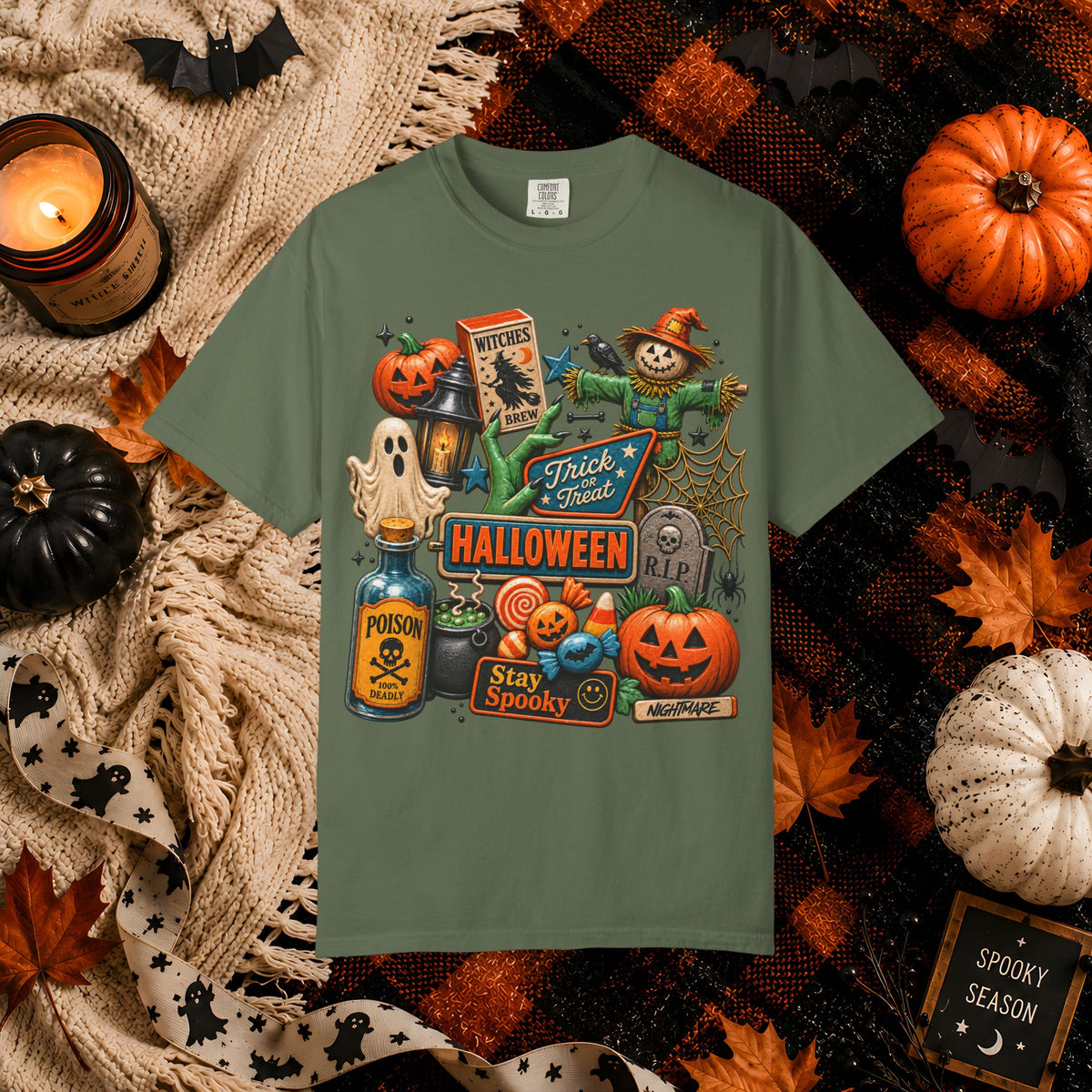 Halloween Collage T-Shirt — Trick or Treat Pumpkins, Scarecrow & Spooky Signs