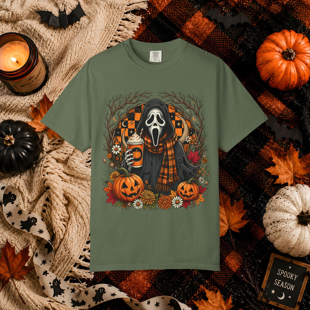 Halloween Scream Mask T-Shirt — Pumpkin, Plaid Scarf & Spooky Coffee Graphic