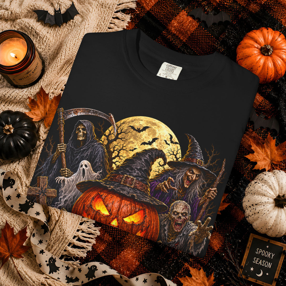 Halloween Pumpkin Horror T-Shirt – Spooky Jack-o'-Lantern & Grim Reaper Design