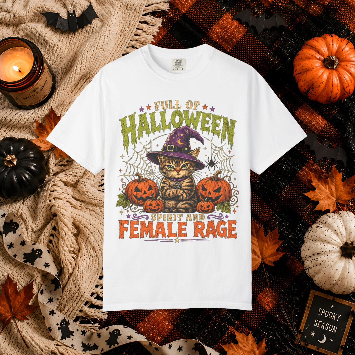 Halloween Cat T-Shirt — "Full of Halloween, Spirit and Female Rage" Pumpkin Witch Tee