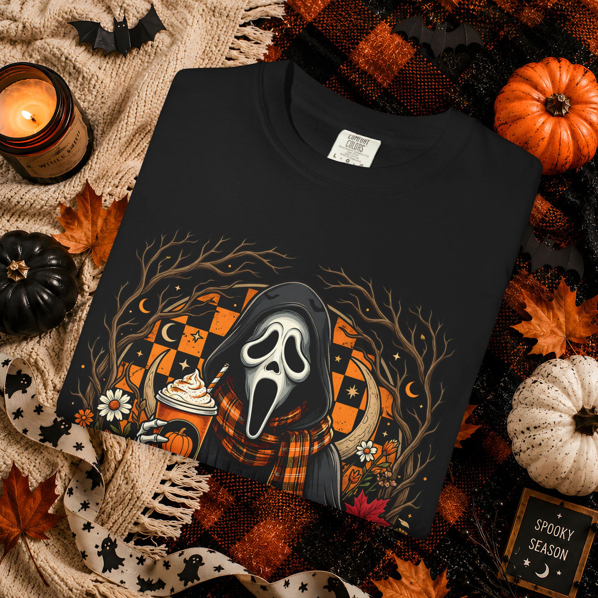 Halloween Scream Mask T-Shirt — Pumpkin, Plaid Scarf & Spooky Coffee Graphic
