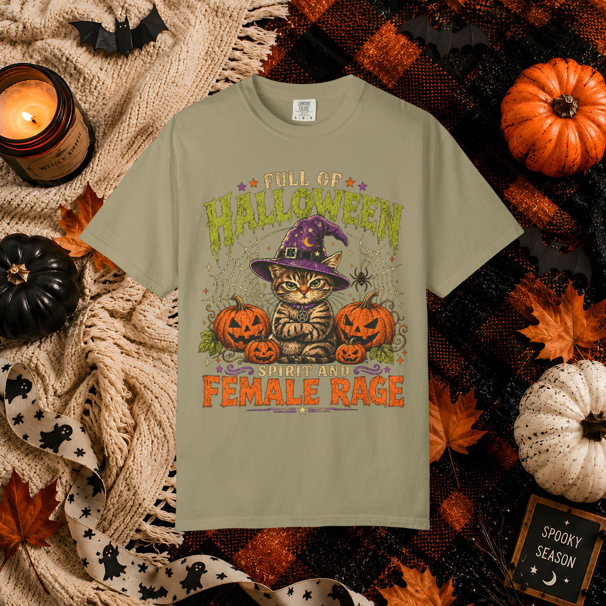 Halloween Cat T-Shirt — "Full of Halloween, Spirit and Female Rage" Pumpkin Witch Tee