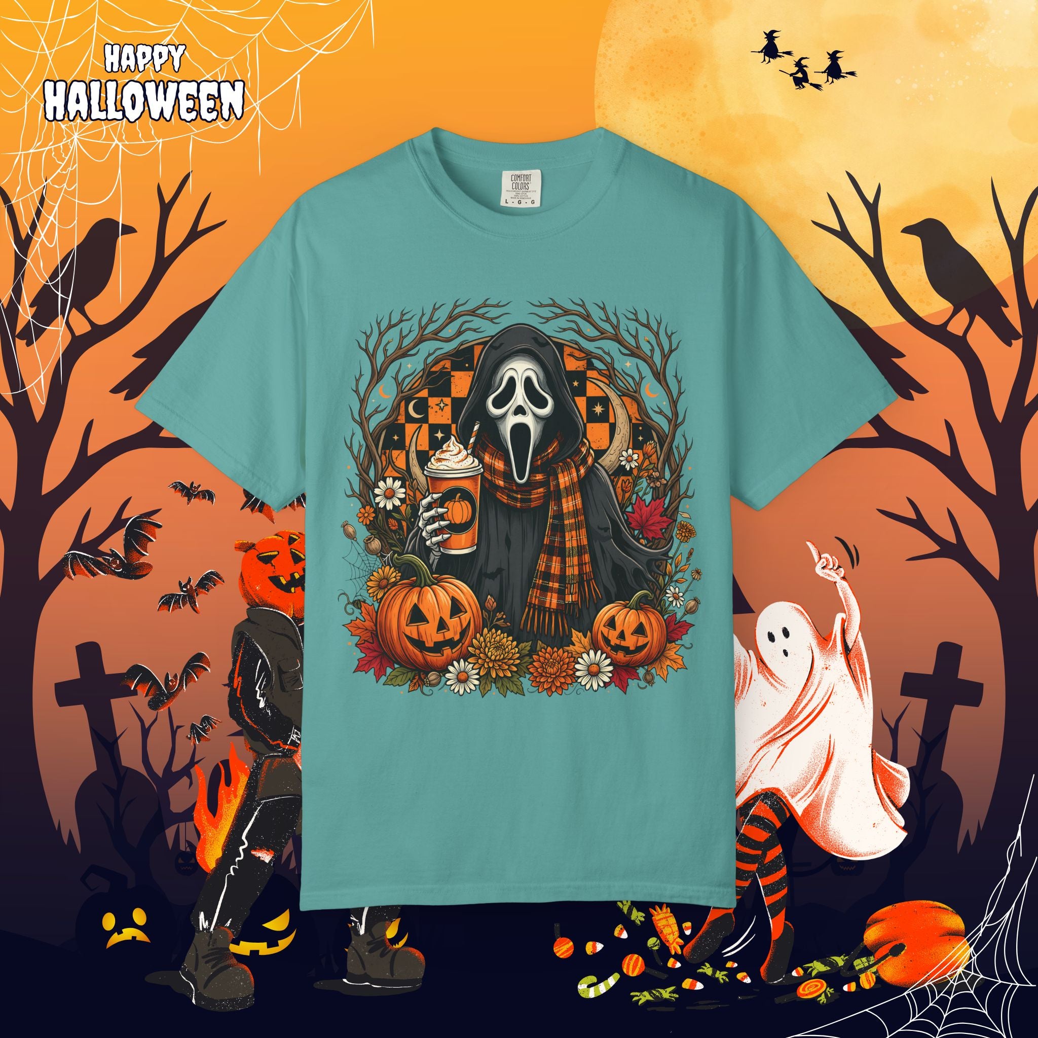Halloween Ghost Face Pumpkin T-Shirt - Cozy Fall Horror Graphic Tee
