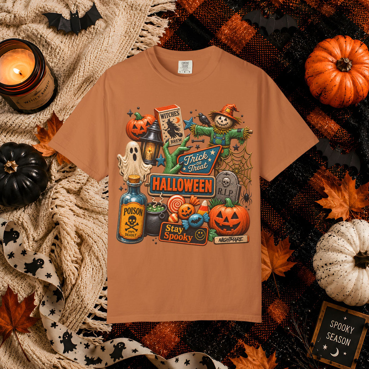 Halloween Collage T-Shirt — Trick or Treat Pumpkins, Scarecrow & Spooky Signs