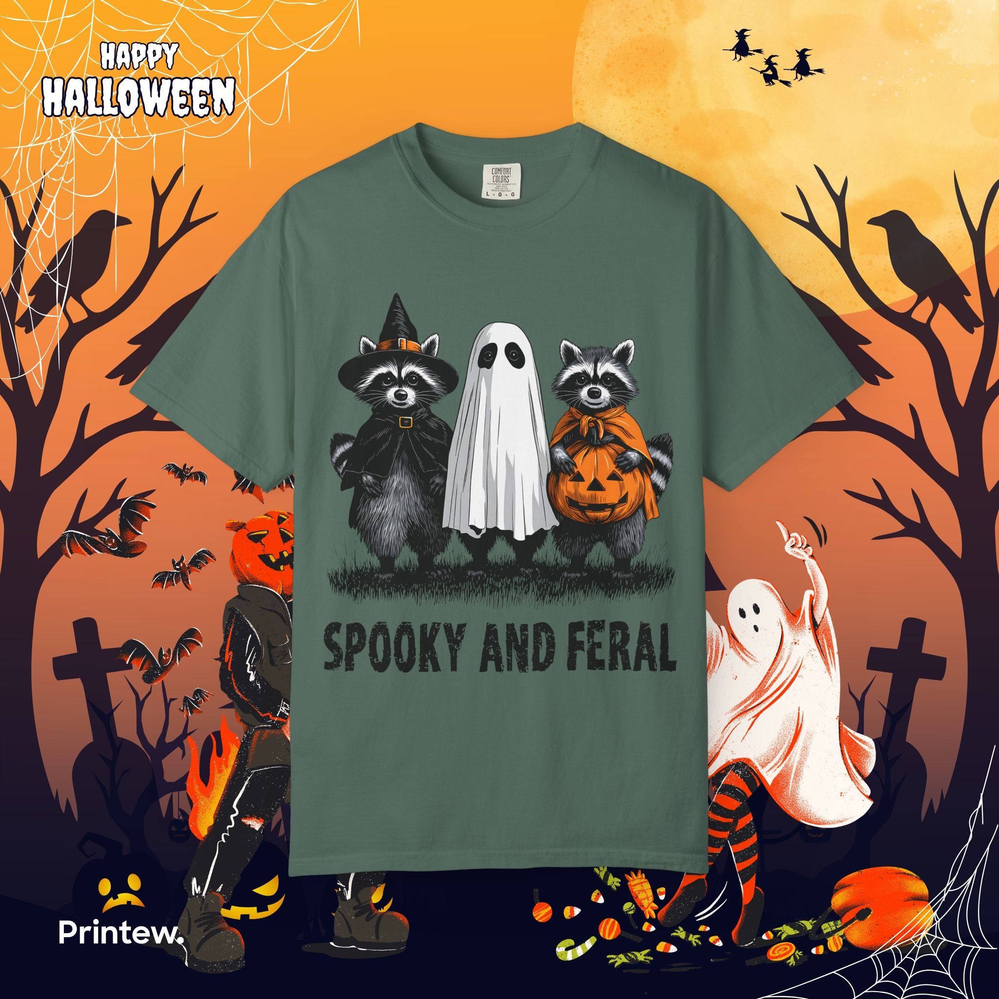 Spooky and Feral Halloween T-Shirt — Raccoon Ghost Pumpkin Costume Tee