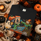 Halloween Collage T-Shirt — Trick or Treat Pumpkins, Scarecrow & Spooky Signs