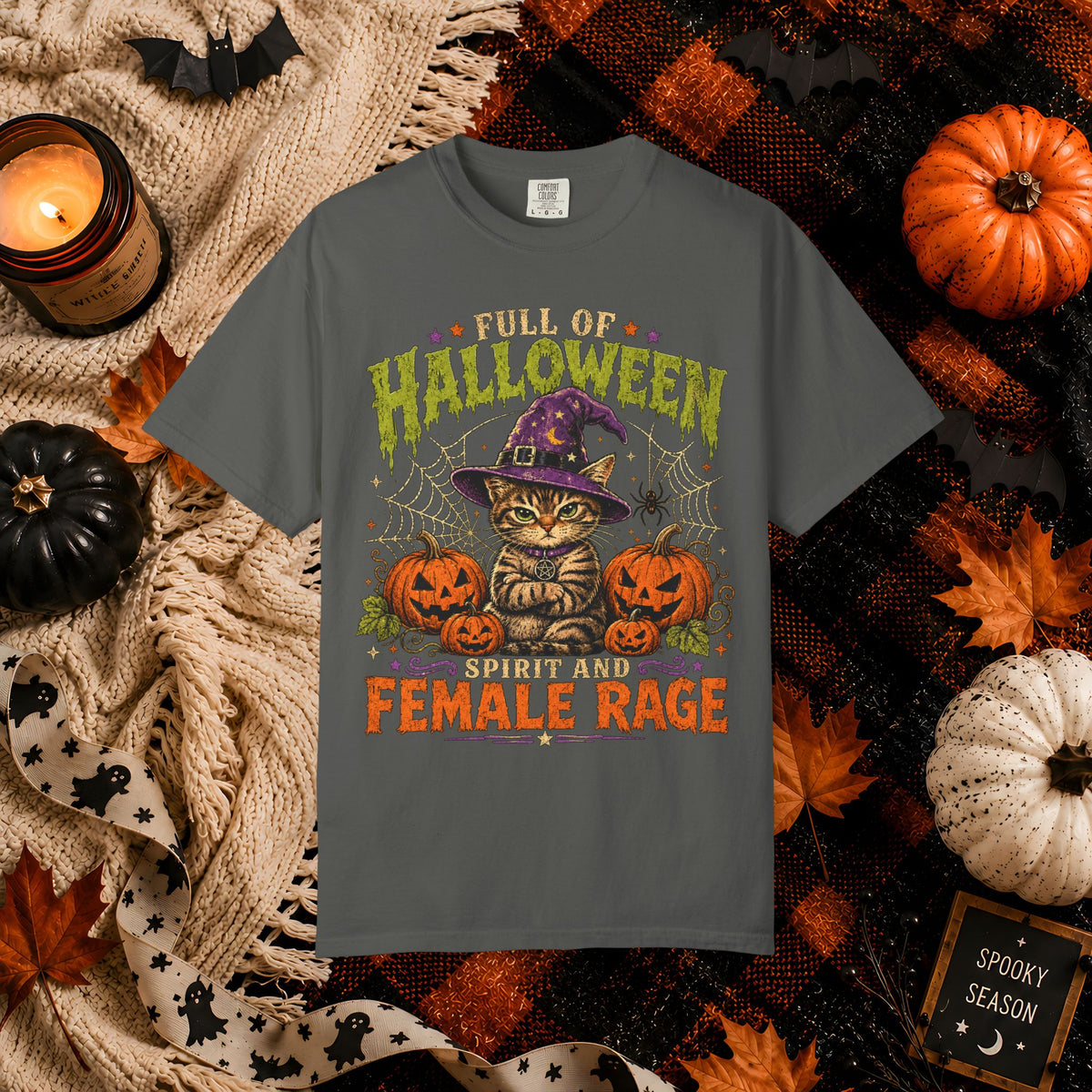 Halloween Cat T-Shirt — "Full of Halloween, Spirit and Female Rage" Pumpkin Witch Tee