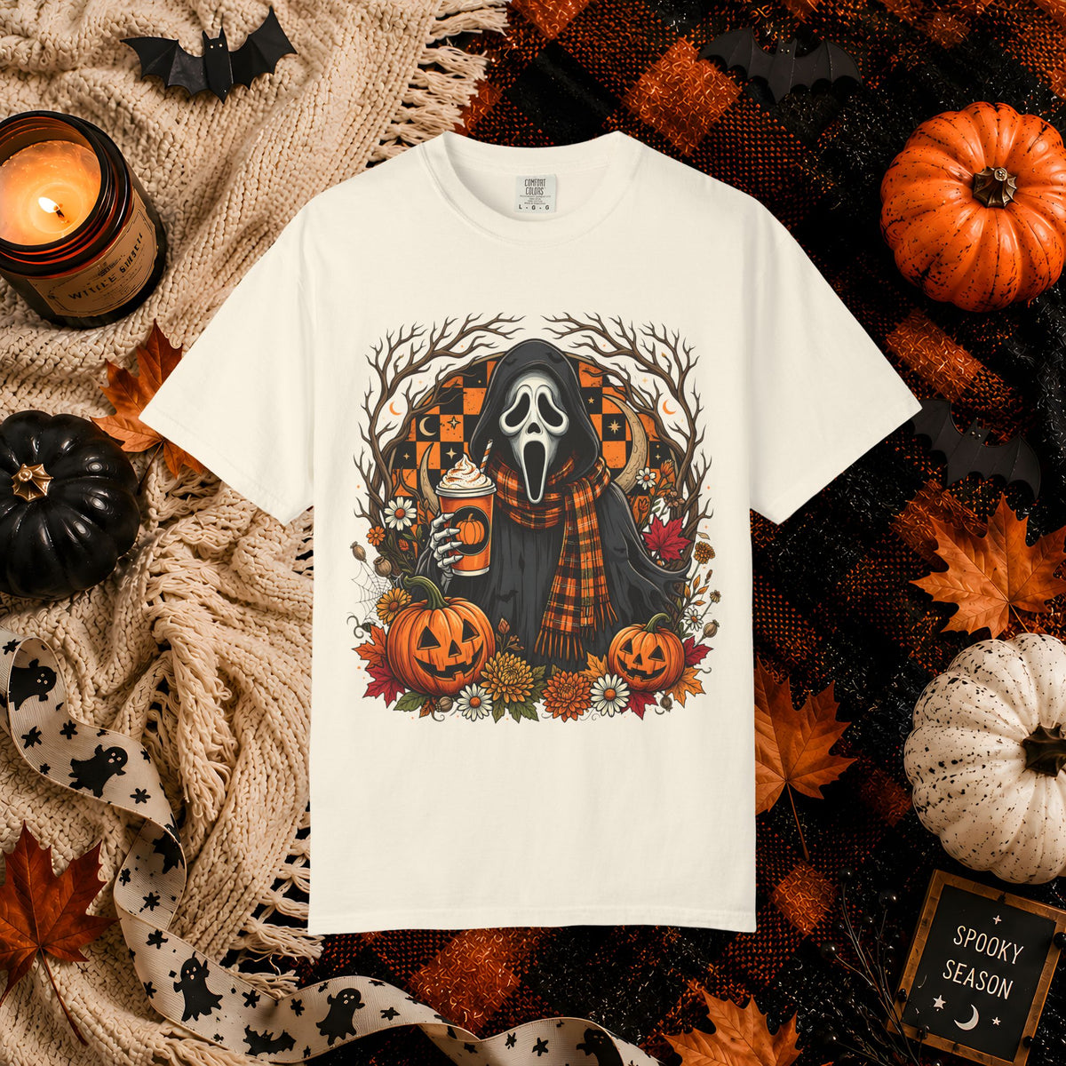 Halloween Scream Mask T-Shirt — Pumpkin, Plaid Scarf & Spooky Coffee Graphic