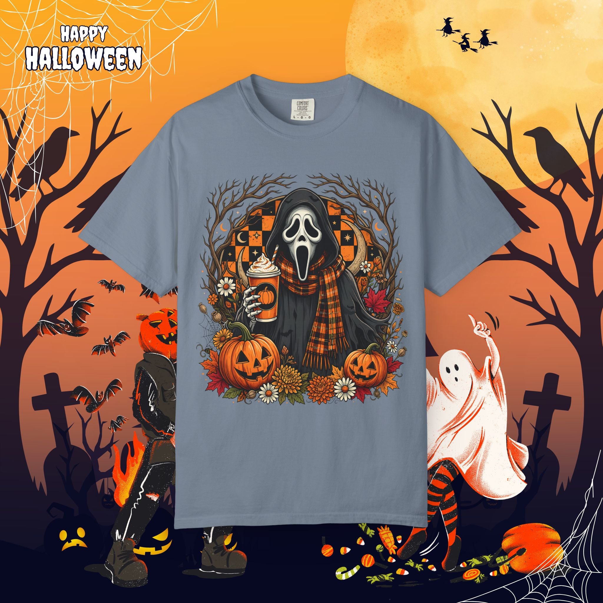Halloween Ghost Face Pumpkin T-Shirt - Cozy Fall Horror Graphic Tee