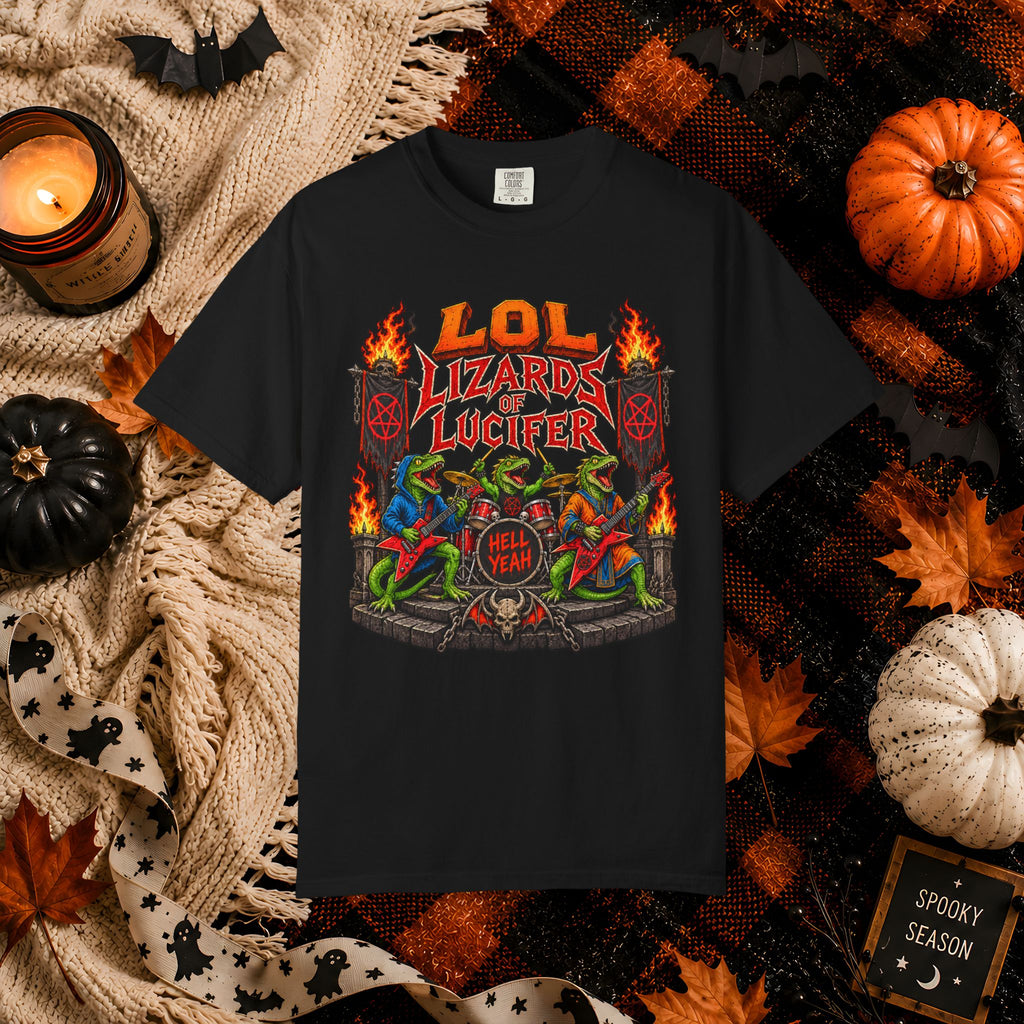 Lol Lizards Lucifer Graphic T-Shirt — Retro Heavy Metal Halloween Tee