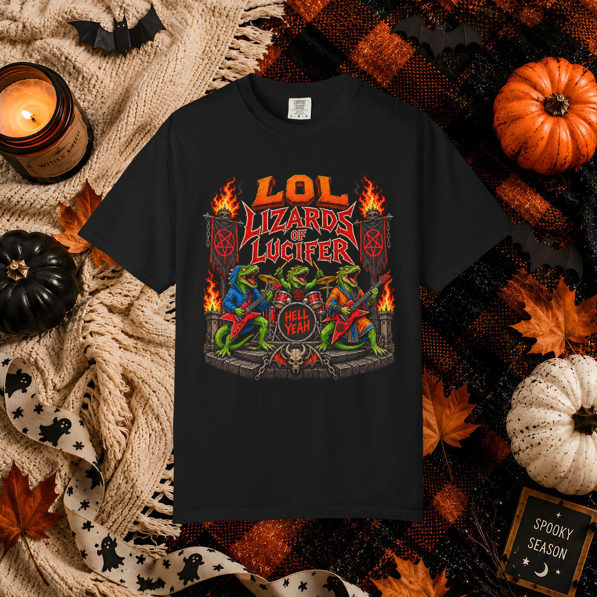 Lol Lizards Lucifer Graphic T-Shirt — Retro Heavy Metal Halloween Tee