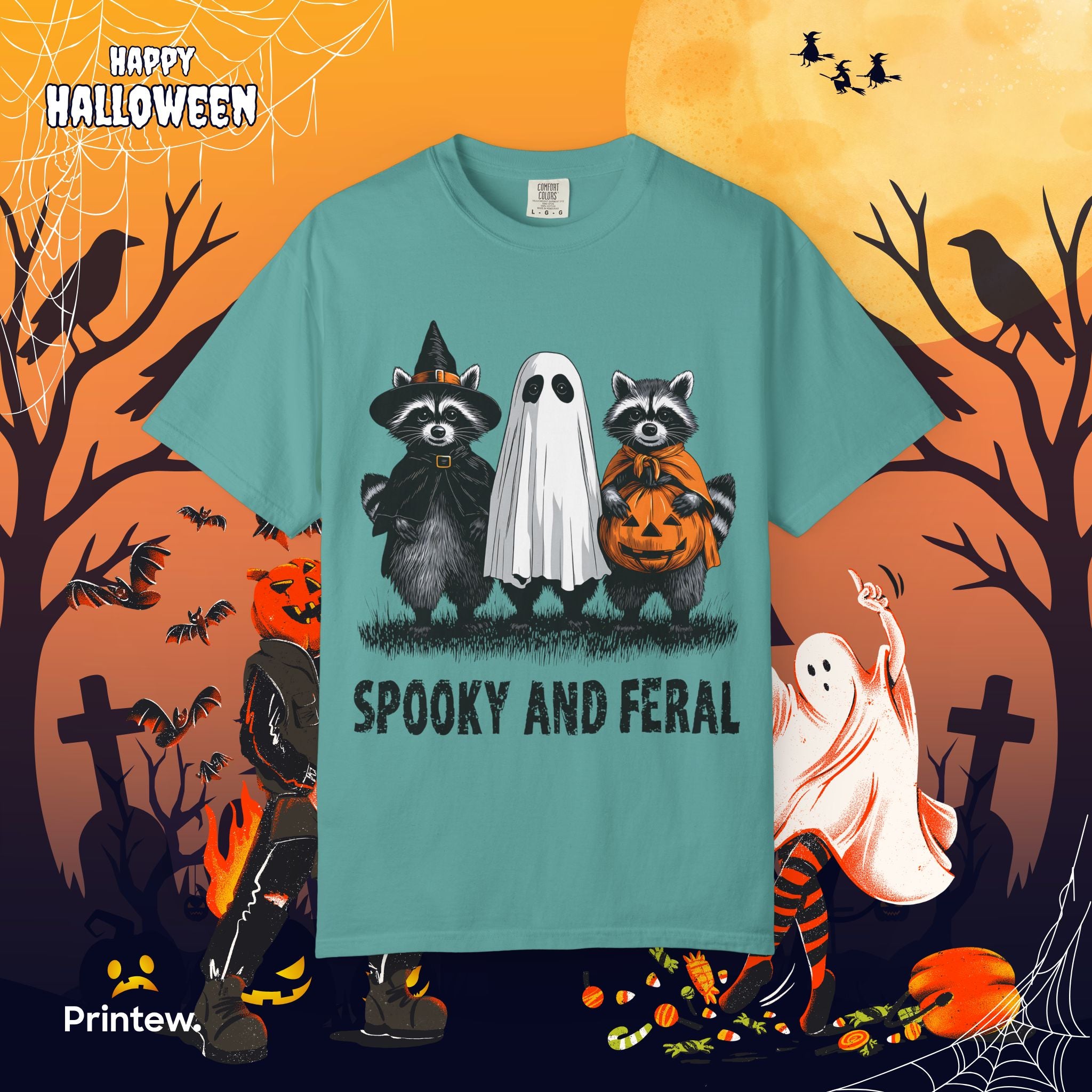 Spooky and Feral Halloween T-Shirt — Raccoon Ghost Pumpkin Costume Tee