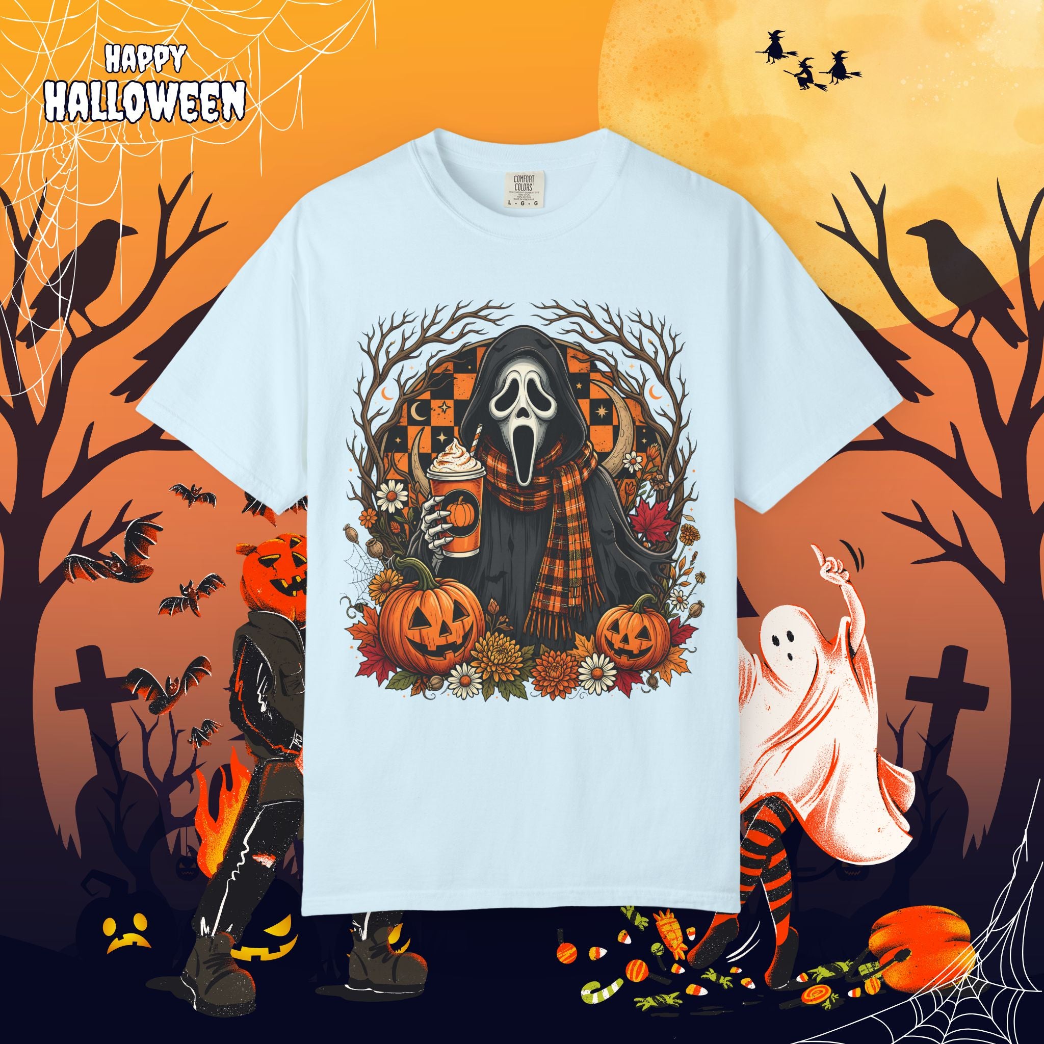 Halloween Ghost Face Pumpkin T-Shirt - Cozy Fall Horror Graphic Tee