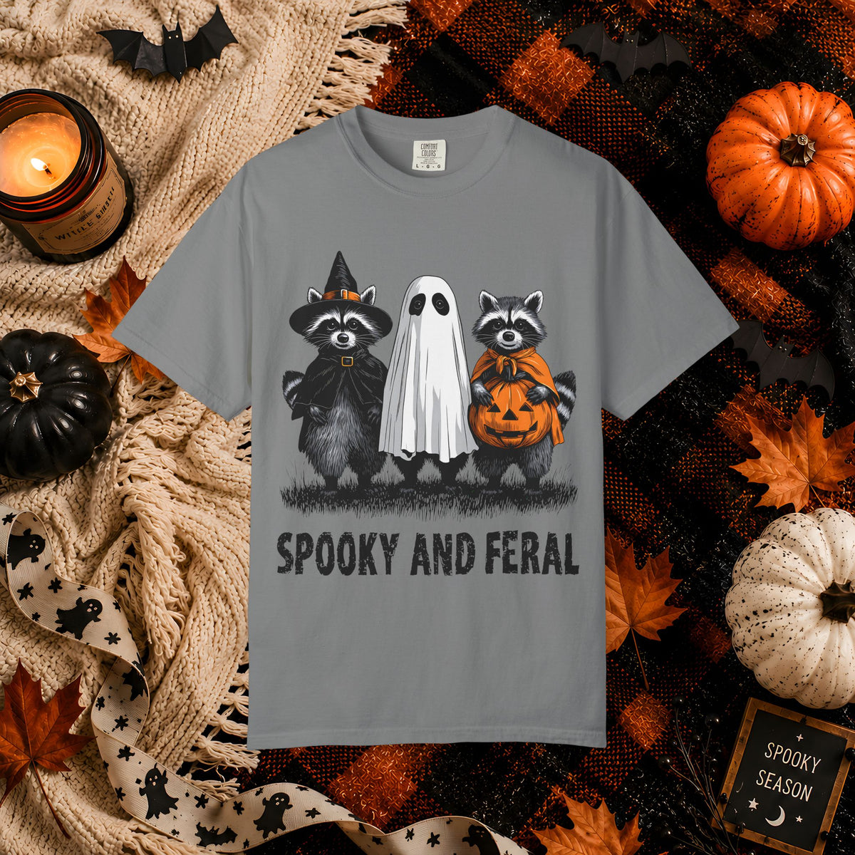 Spooky and Feral Halloween T-Shirt — Raccoon Ghost Pumpkin Costume Tee