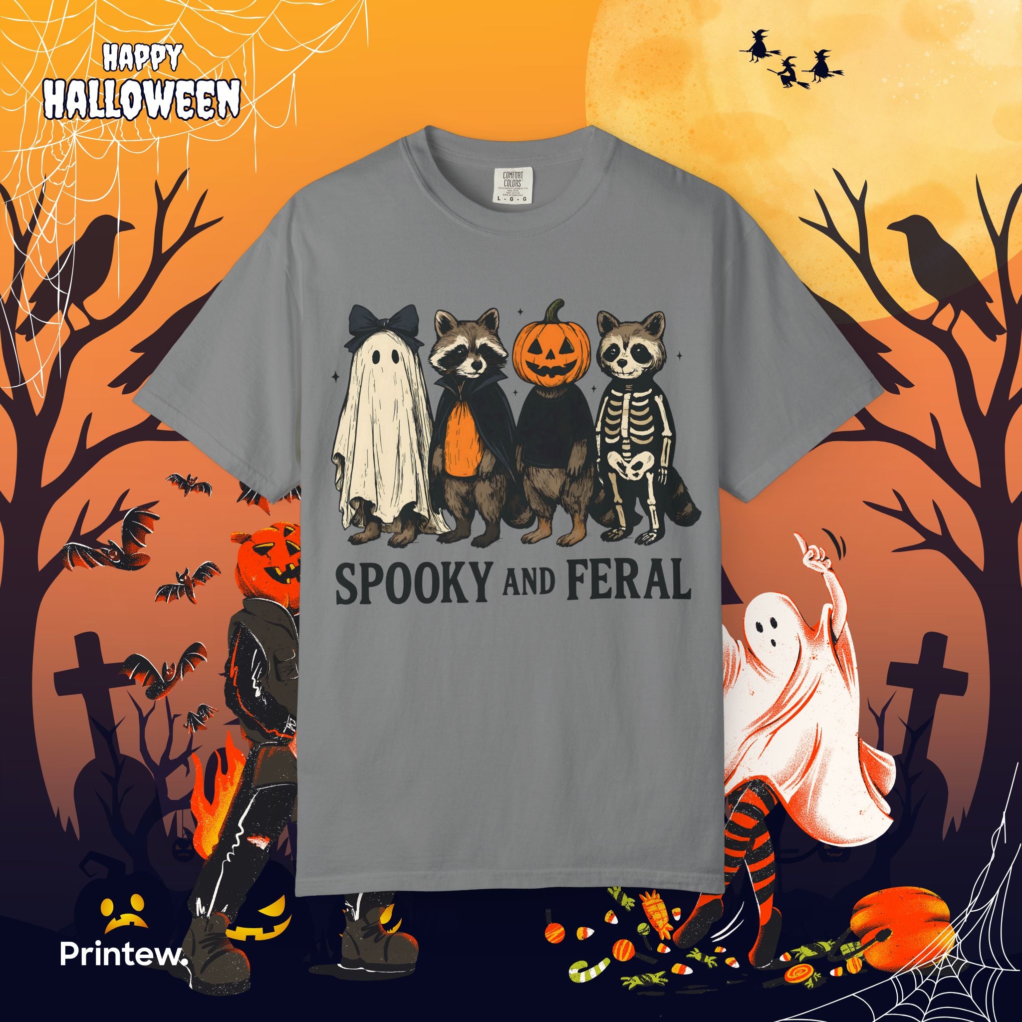 Spooky and Feral Halloween Raccoon T-Shirt