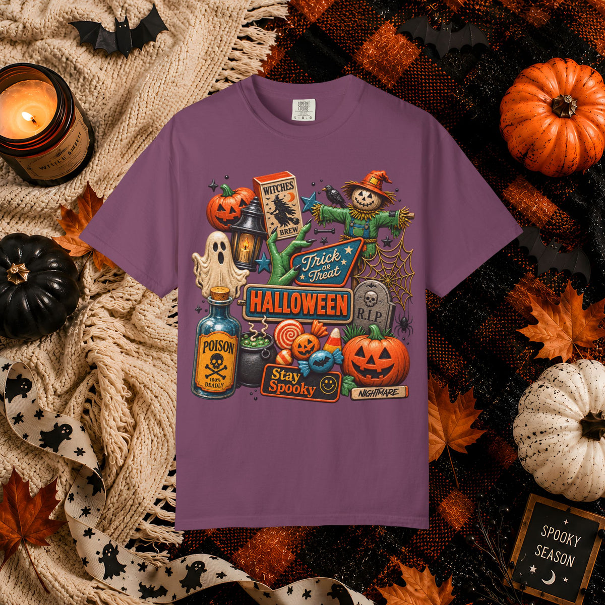 Halloween Collage T-Shirt — Trick or Treat Pumpkins, Scarecrow & Spooky Signs