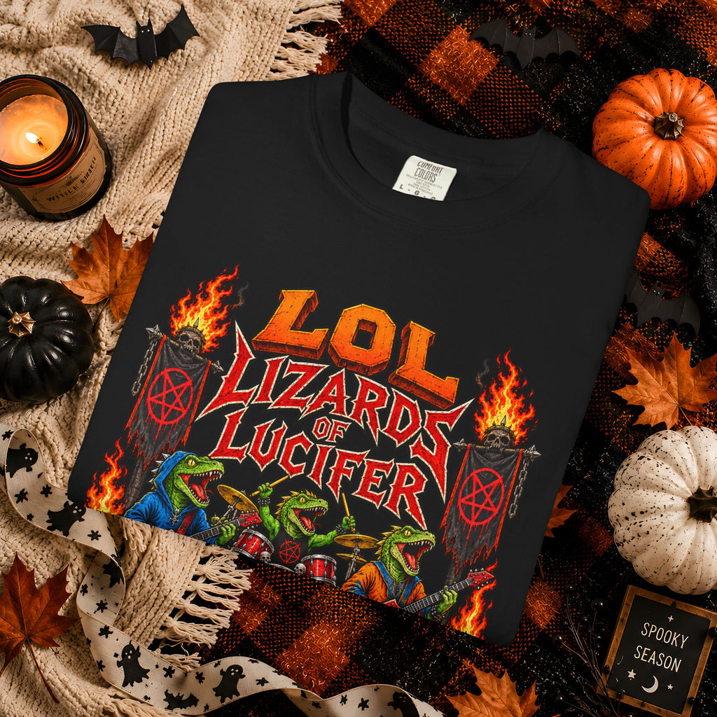 Lol Lizards Lucifer Graphic T-Shirt — Retro Heavy Metal Halloween Tee