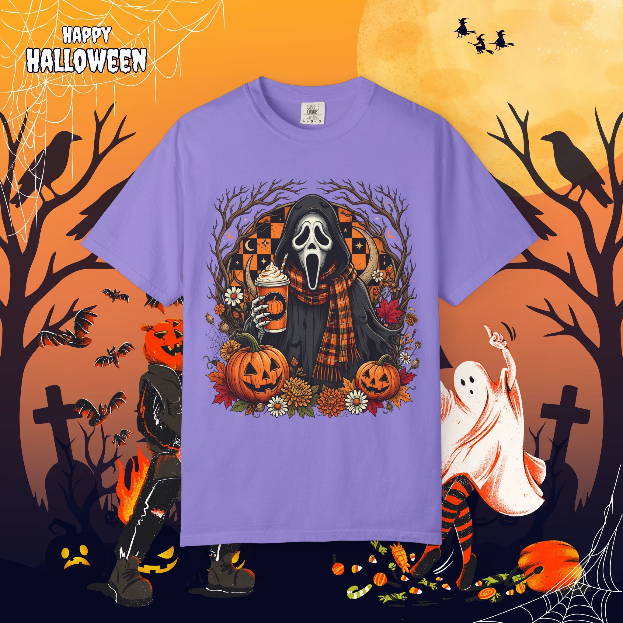Halloween Ghost Face Pumpkin T-Shirt - Cozy Fall Horror Graphic Tee