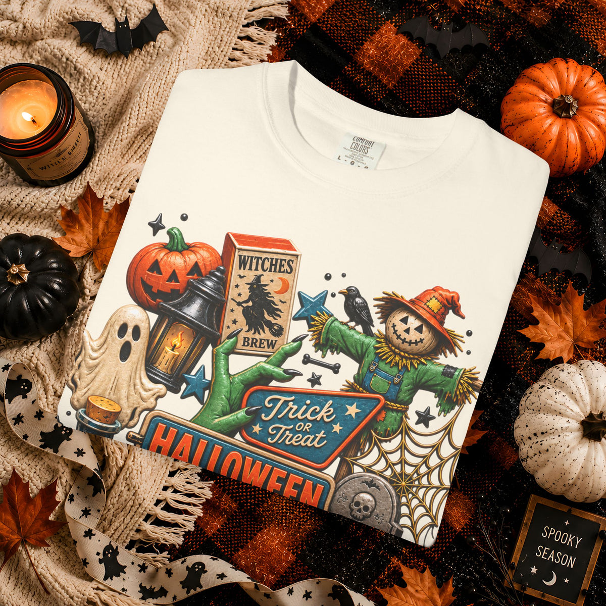 Halloween Collage T-Shirt — Trick or Treat Pumpkins, Scarecrow & Spooky Signs