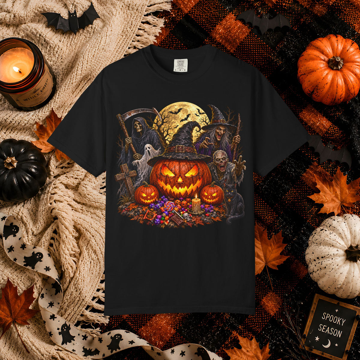 Halloween Pumpkin Horror T-Shirt – Spooky Jack-o'-Lantern & Grim Reaper Design