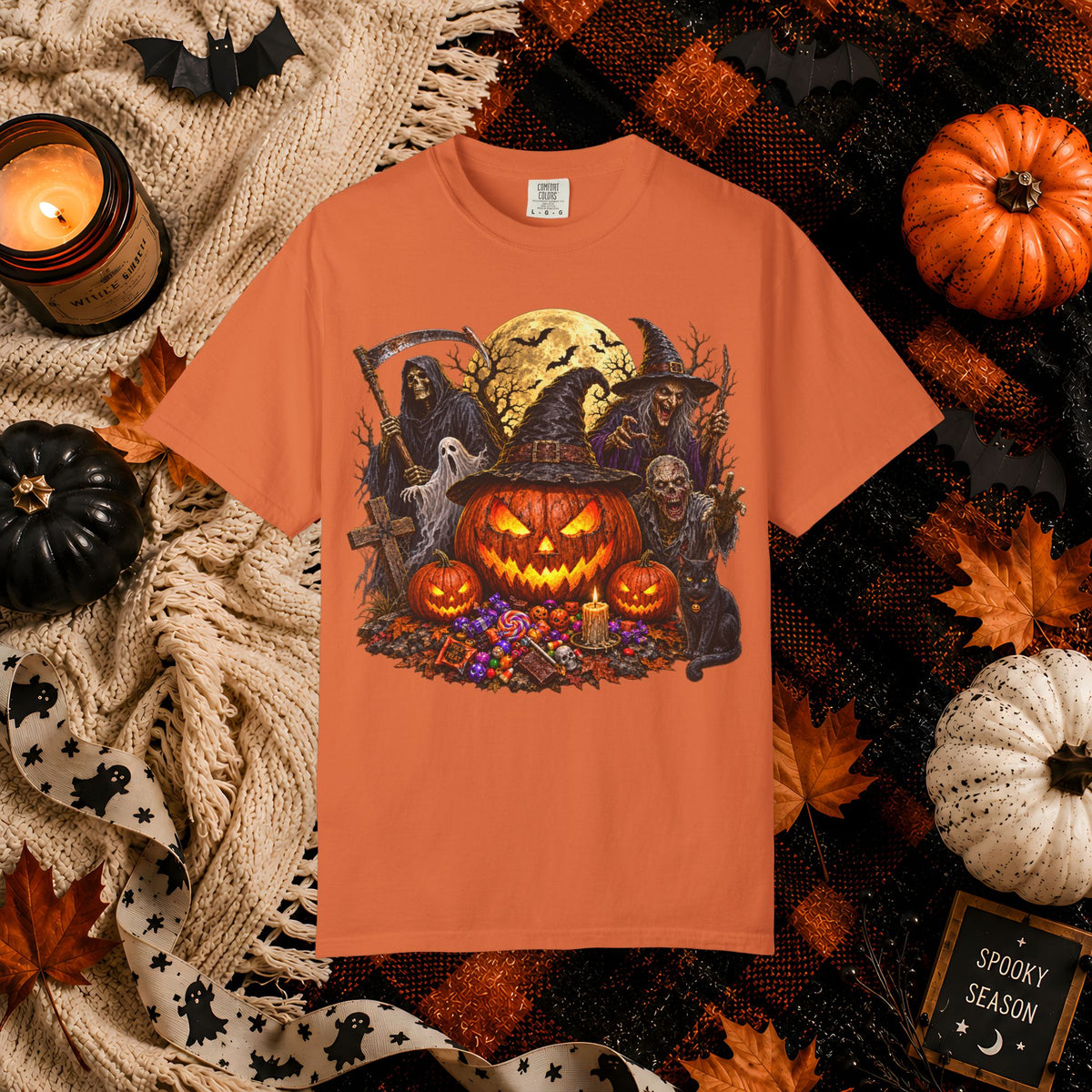 Halloween Pumpkin Horror T-Shirt – Spooky Jack-o'-Lantern & Grim Reaper Design