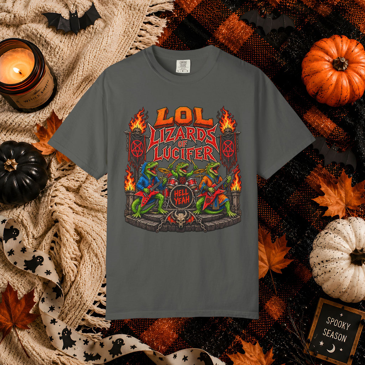 Lol Lizards Lucifer Graphic T-Shirt — Retro Heavy Metal Halloween Tee