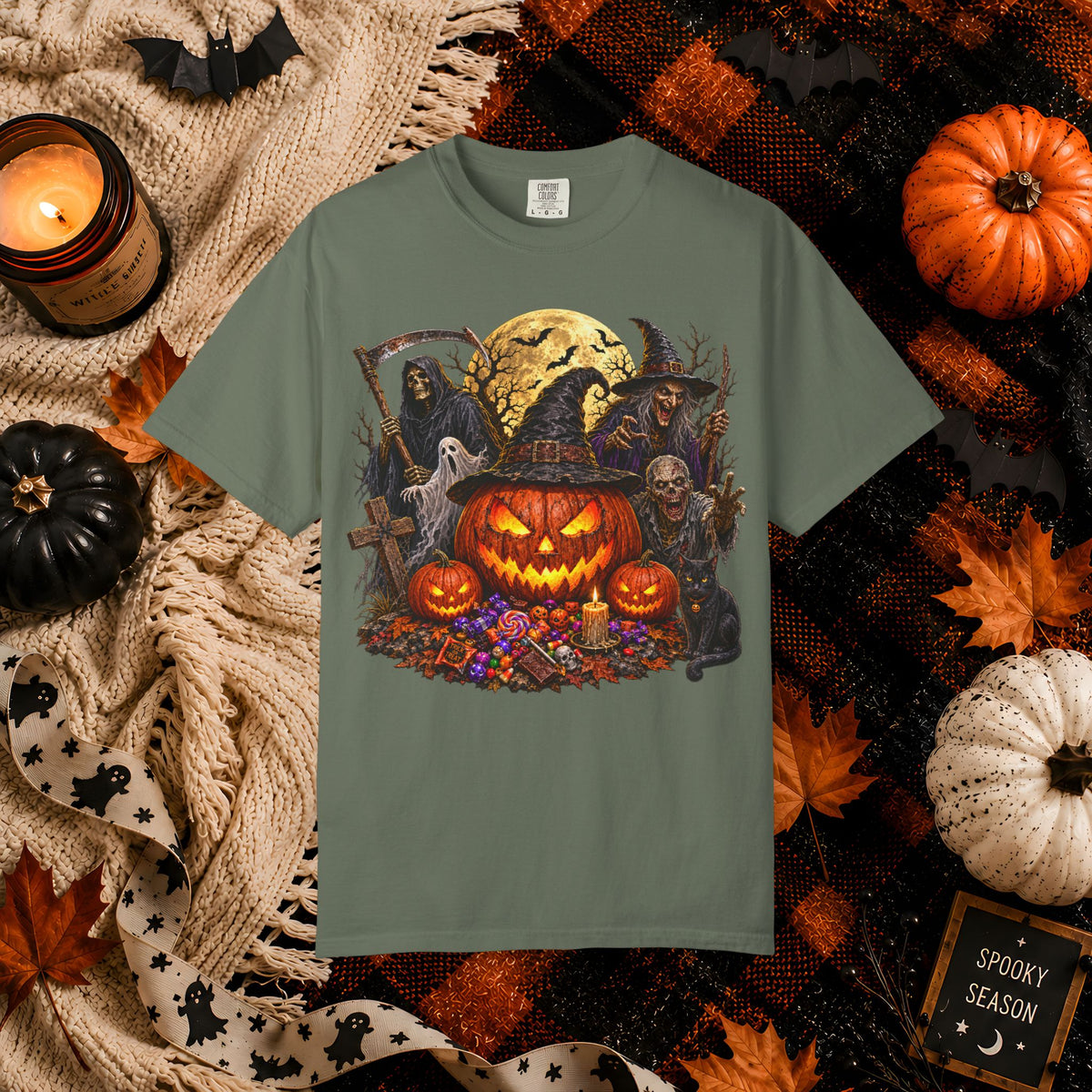 Halloween Pumpkin Horror T-Shirt – Spooky Jack-o'-Lantern & Grim Reaper Design