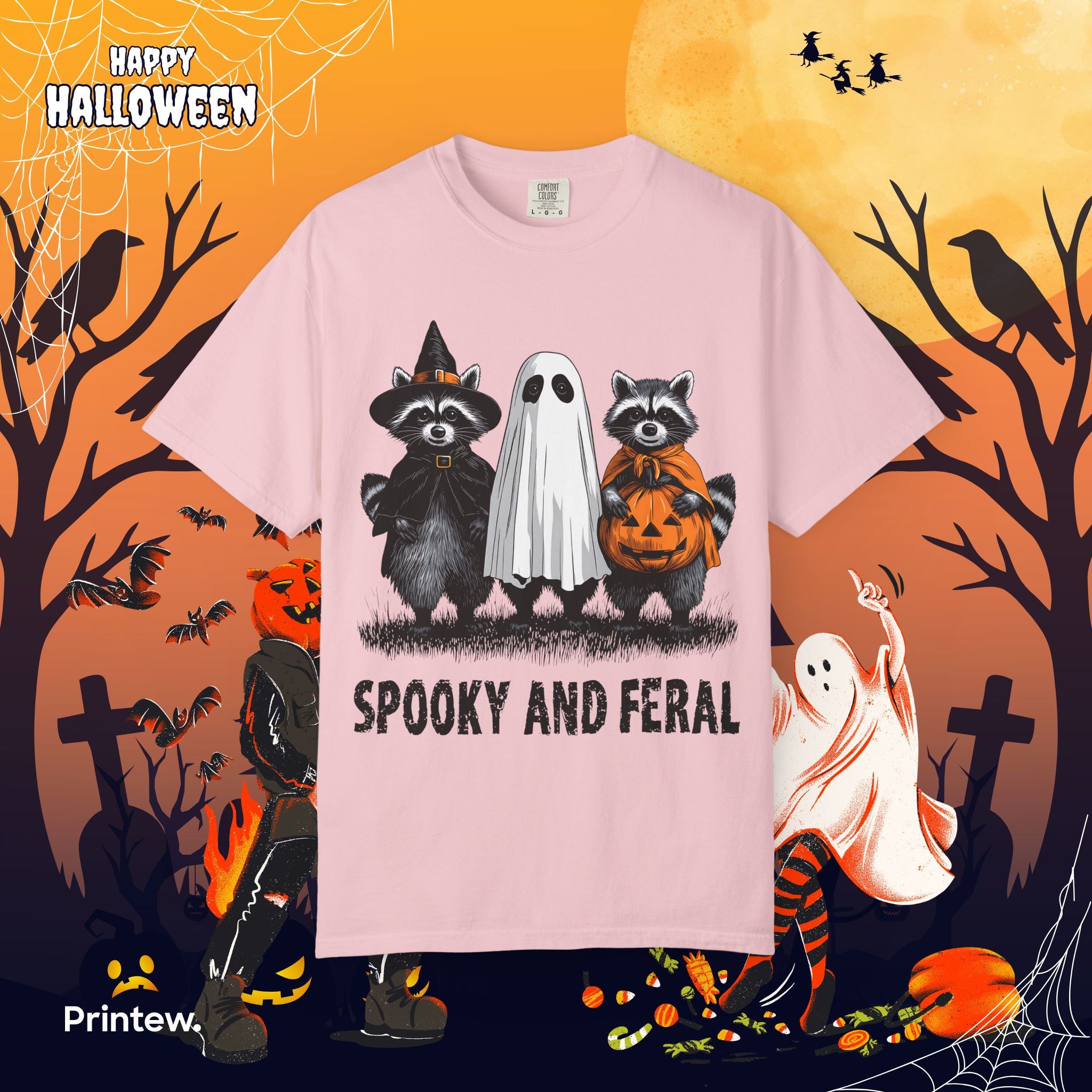 Spooky and Feral Halloween T-Shirt — Raccoon Ghost Pumpkin Costume Tee