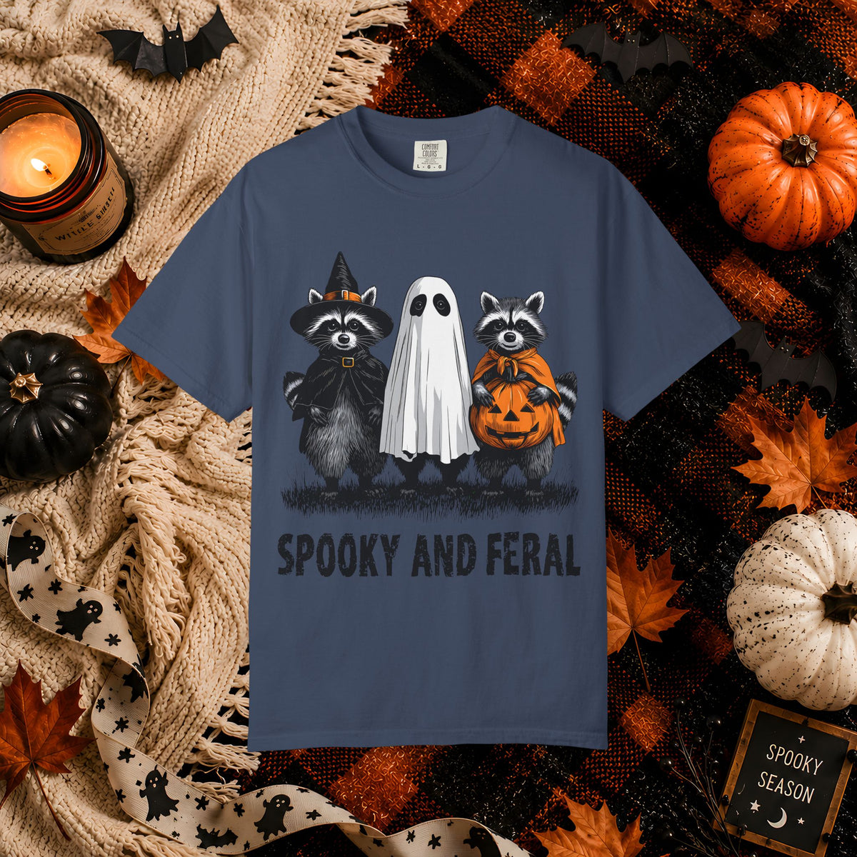 Spooky and Feral Halloween T-Shirt — Raccoon Ghost Pumpkin Costume Tee