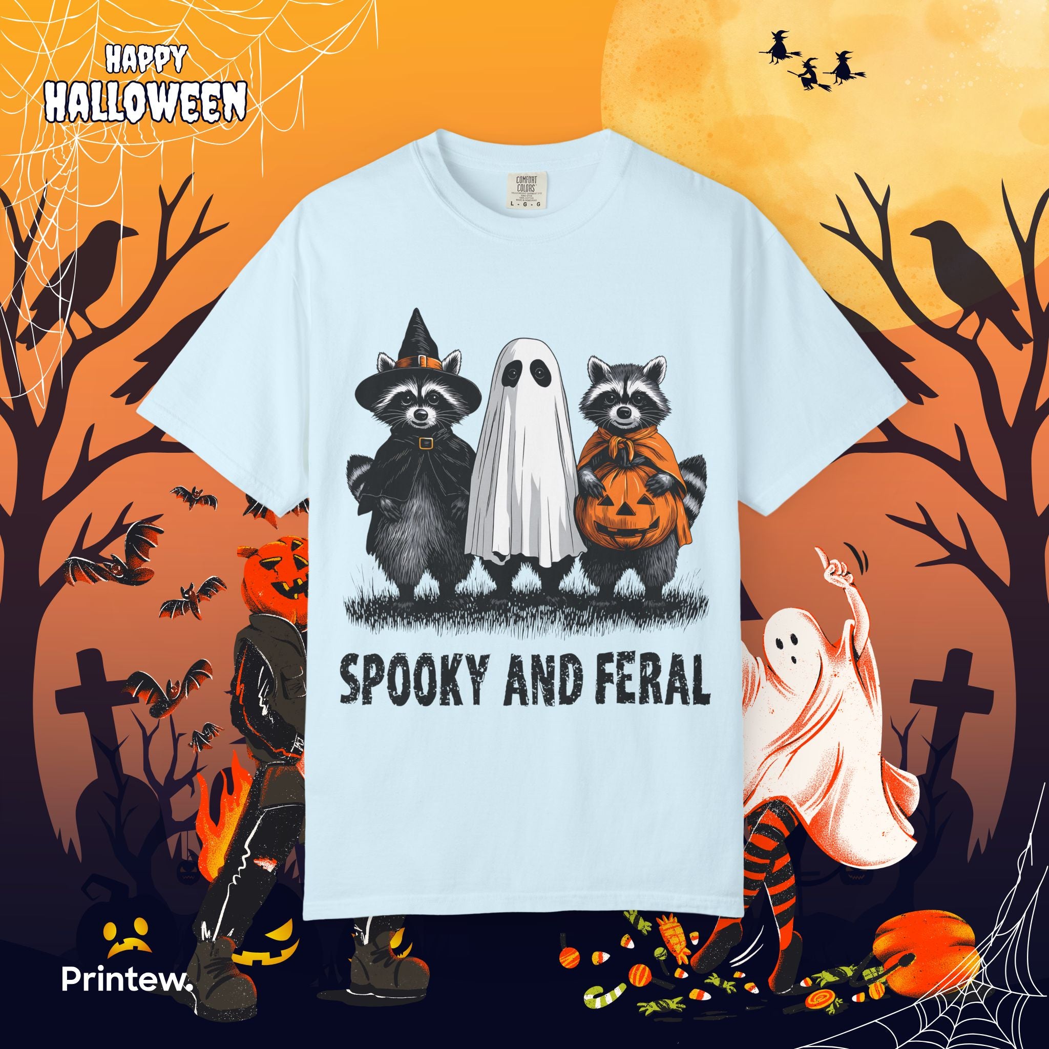 Spooky and Feral Halloween T-Shirt — Raccoon Ghost Pumpkin Costume Tee