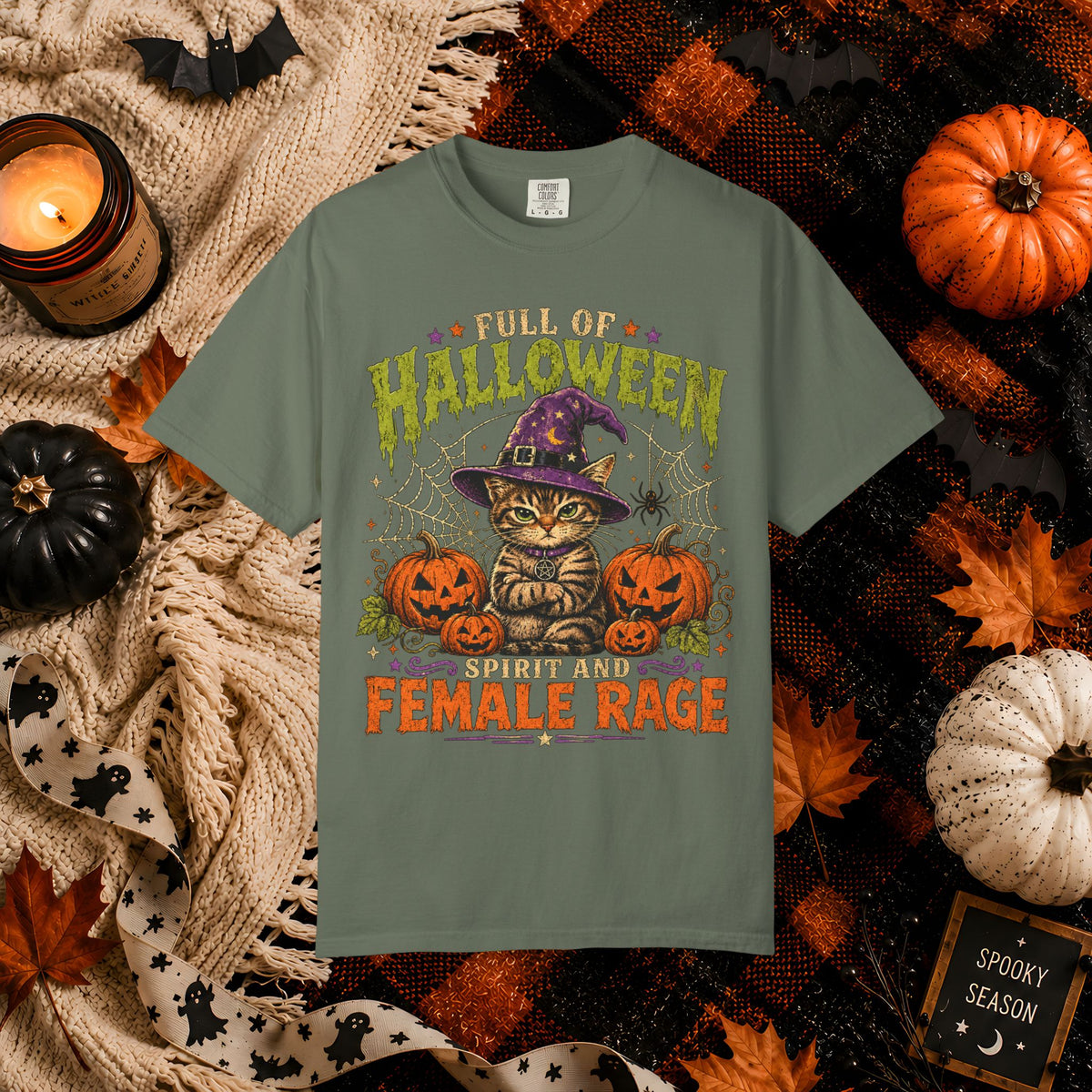 Halloween Cat T-Shirt — "Full of Halloween, Spirit and Female Rage" Pumpkin Witch Tee